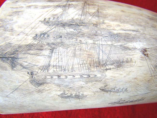 A fascinating 19th century scrimshawed American whale's tooth depicting the boarding of HMS Frolic by the USS Wasp on October 18, 1812. The tooth dates to circa 1838-1880. — image 3